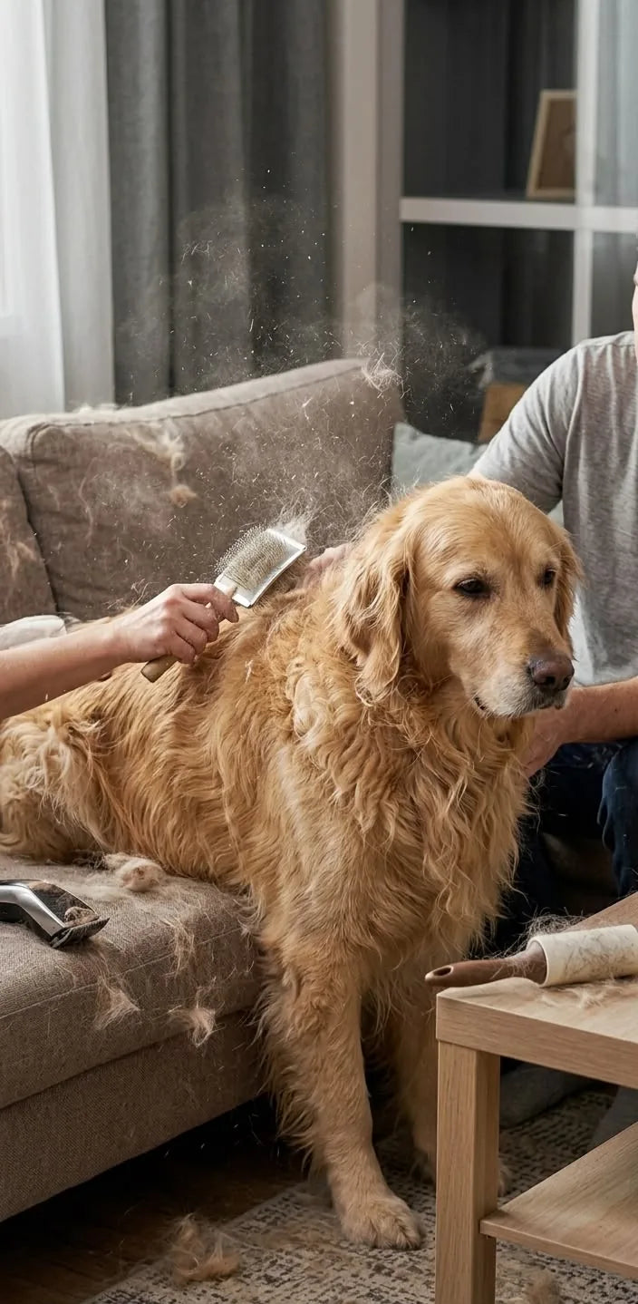 Un golden retriever cepillado en el sofá de casa, con pelo suelto por el aire y por los cojines