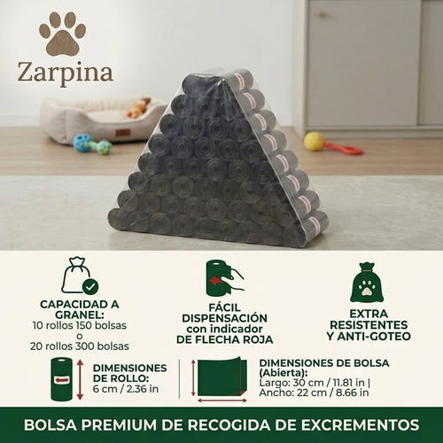 Pack de rollos de bolsas para excrementos Zarpina, 150 bolsas en 10 rollos