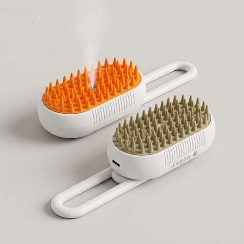 Cepillo de vapor Zarpina de tres cuartos, con el cabezal de púas de silicona soltando vaho y el mango extensible