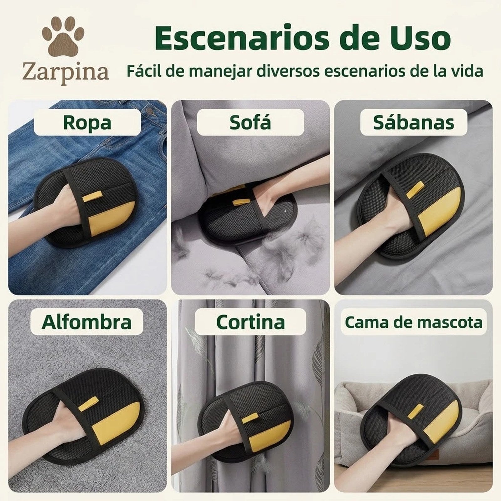 El guante recogepelo pasándose por ropa, sofá, sábanas, alfombra, cortina y cama de mascota
